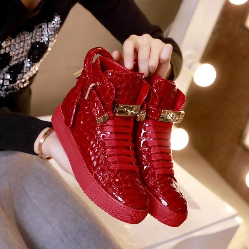 Red Embossed Crocodile High Top Sneakers/Leather Designer Boots Shoes