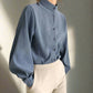 Womens Lantern Sleeve Single Breasted Stand Collar Shirt Fast Fashion