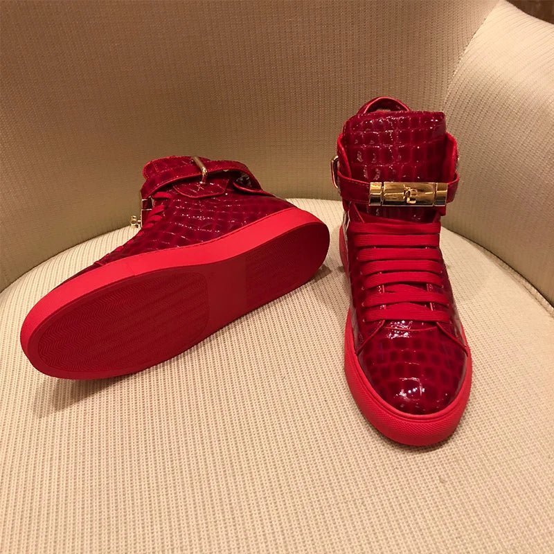 Red Embossed Crocodile High Top Sneakers/Leather Designer Boots Shoes