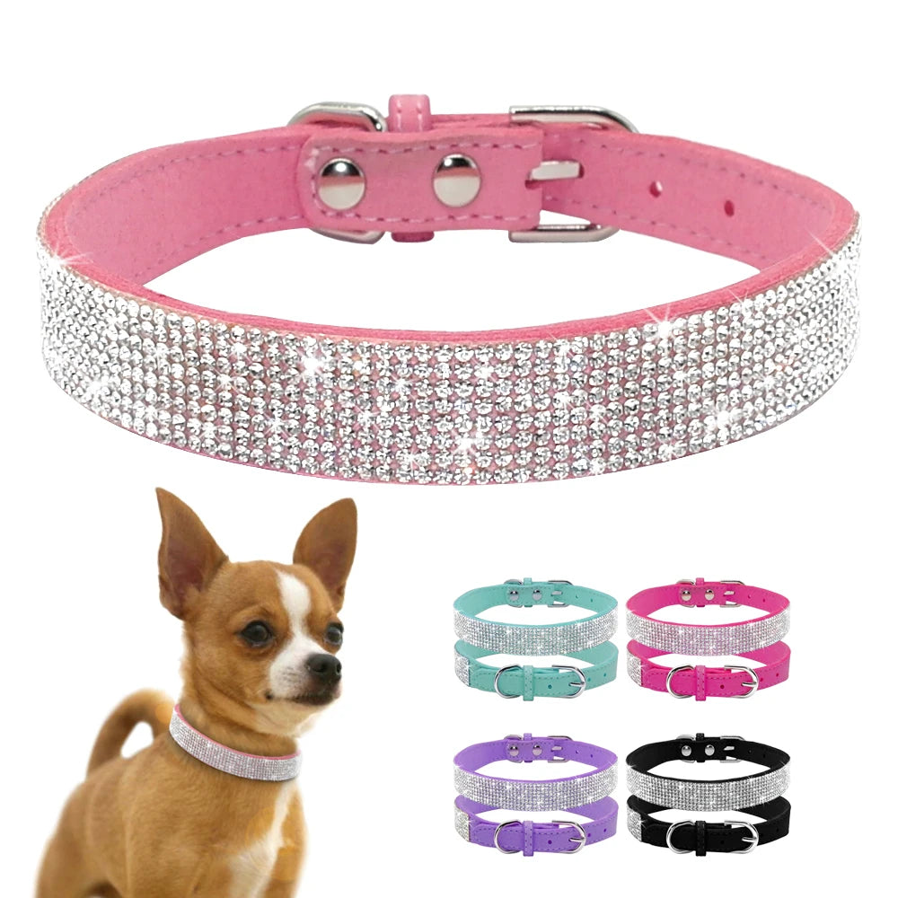 Bling Crystal Soft Suede Leather Adjustable Dog/Cat Collar