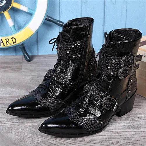 Punk Style Leather Cowboy Shoes/High Ankle Boots wt Metal Pointed Toe Buckle Men