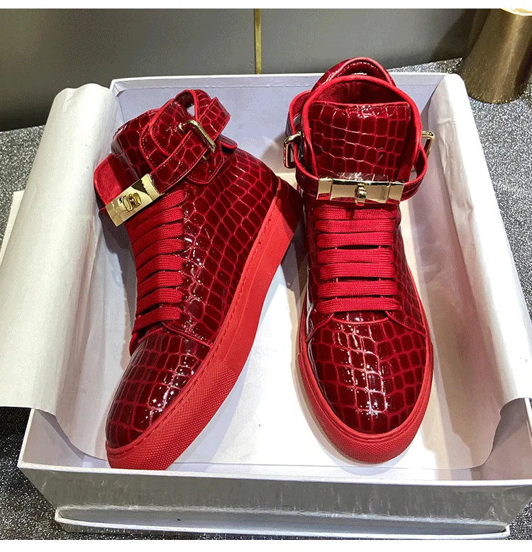 Red Embossed Crocodile High Top Sneakers/Leather Designer Boots Shoes