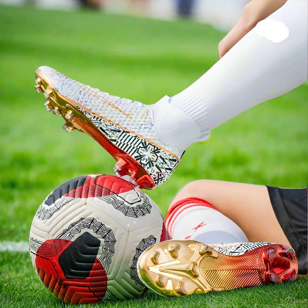 CR7 Ronaldo Style High Top Golden Soccer Cleats/Gold Plated Soles - The GoatFind Rainbow Gold / 3.5, Rainbow Gold / 4, Rainbow Gold / 5, Rainbow Gold / 5.5, Rainbow Gold / 6, Rainbow Gold / 6.5, Rainbow Gold / 7, Rainbow Gold / 8, Rainbow Gold / 9, Rainbow Gold / 9.5