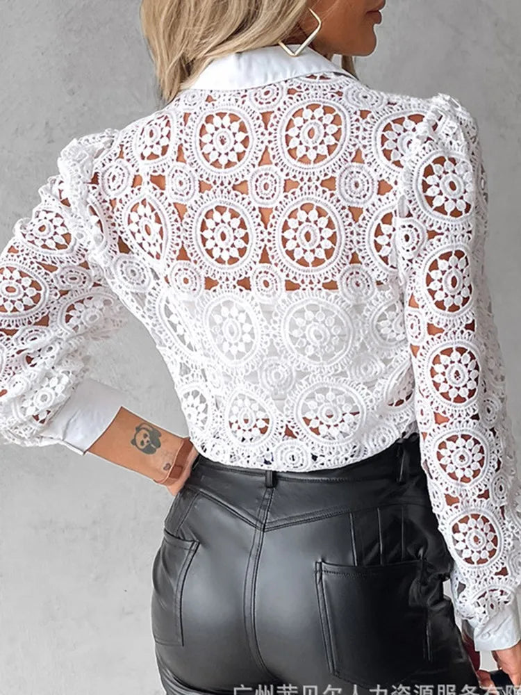 White Lace Blouse/Womens Long Sleeve Hollow Top Shirt