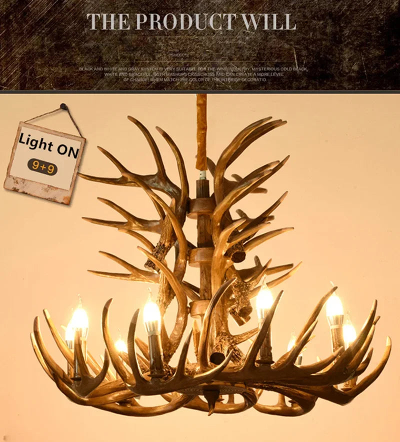 Premium Vintage Deer Antlers Chandelier/Retro Ceiling Hanging Lighting Fixture/Resin