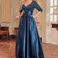 CC Elegant Satin Short sleeve Sequins Evening Dress/Floor Length Formal Cocktail Gown