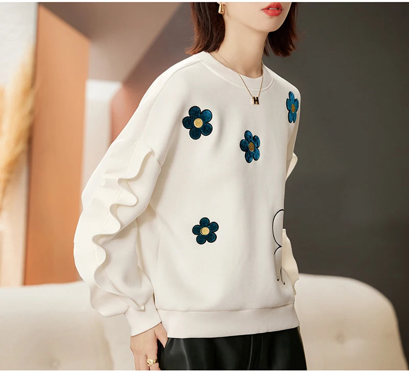 Chic Beige Floral Long Sleeve Ruffles Sweatshirt