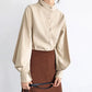 Womens Lantern Sleeve Single Breasted Stand Collar Shirt Fast Fashion