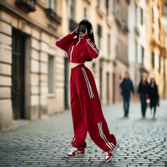 2Pc Striped Korean Style Red Tracksuit/Cropped Jacket Coord Set Loose