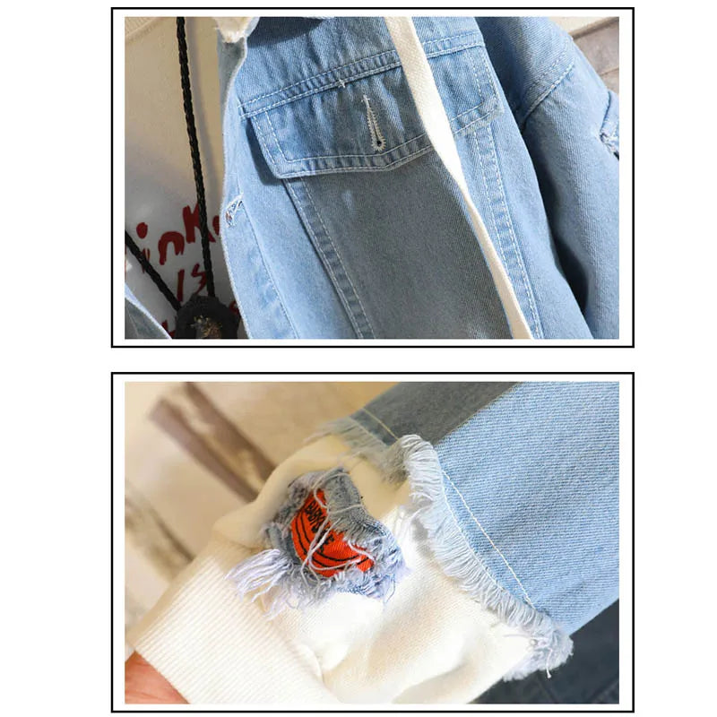 New Fashion Back Print Fake Two-Piece Loose Denim Jacket/Jeans Stitching Coat