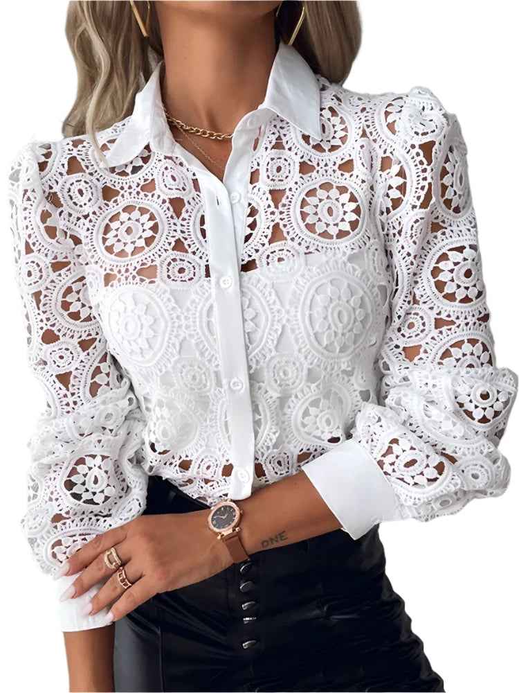 White Lace Blouse/Womens Long Sleeve Hollow Top Shirt