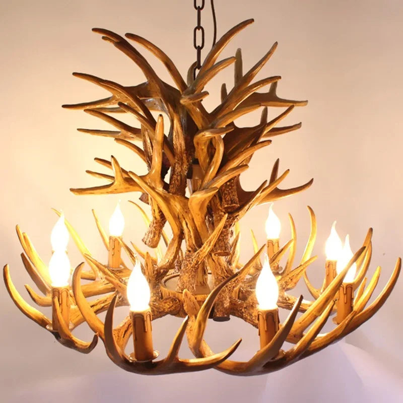 Premium Vintage Deer Antlers Chandelier/Retro Ceiling Hanging Lighting Fixture/Resin