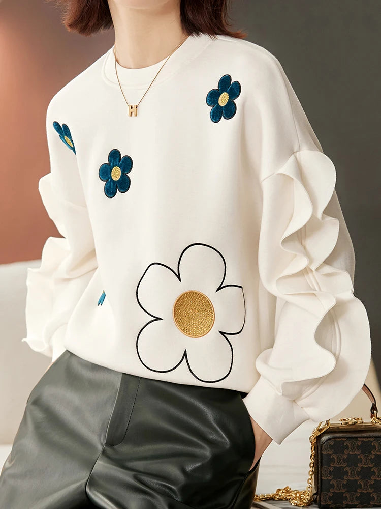 Chic Beige Floral Long Sleeve Ruffles Sweatshirt