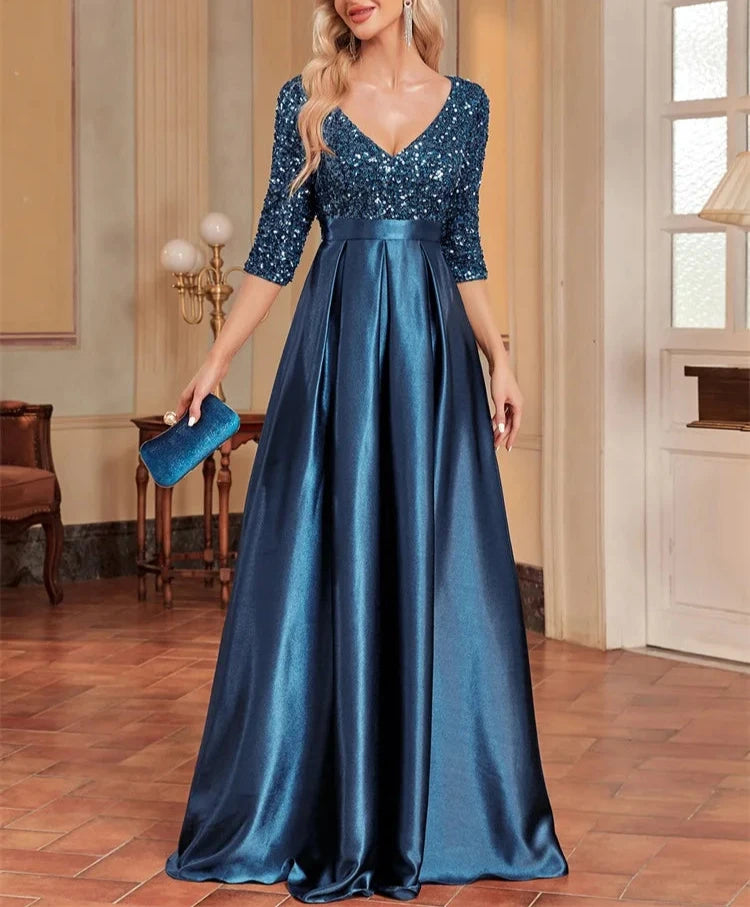 CC Elegant Satin Short sleeve Sequins Evening Dress/Floor Length Formal Cocktail Gown