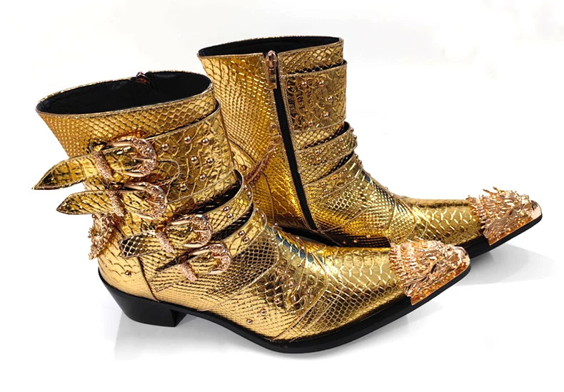 Gold Cowboy Boots Men/Genuine Leather Fashion Men's Chelsea shoes