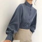 Womens Lantern Sleeve Single Breasted Stand Collar Shirt Fast Fashion