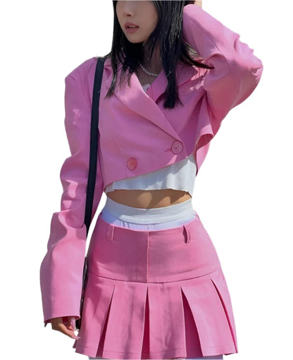 Neon Cropped Two Piece Womens Set/Black Matching Sets With Skirt & Blazer - The GoatFind Rose Red Suit / S, Rose Red Suit / M, Rose Red Suit / L, Grey Suit / S, Grey Suit / M, Grey Suit / L, Pink Suit / S, Pink Suit / M, Pink Suit / L, Green Suit / S