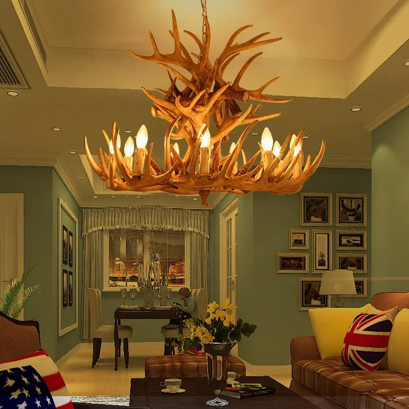 Premium Vintage Deer Antlers Chandelier/Retro Ceiling Hanging Lighting Fixture/Resin