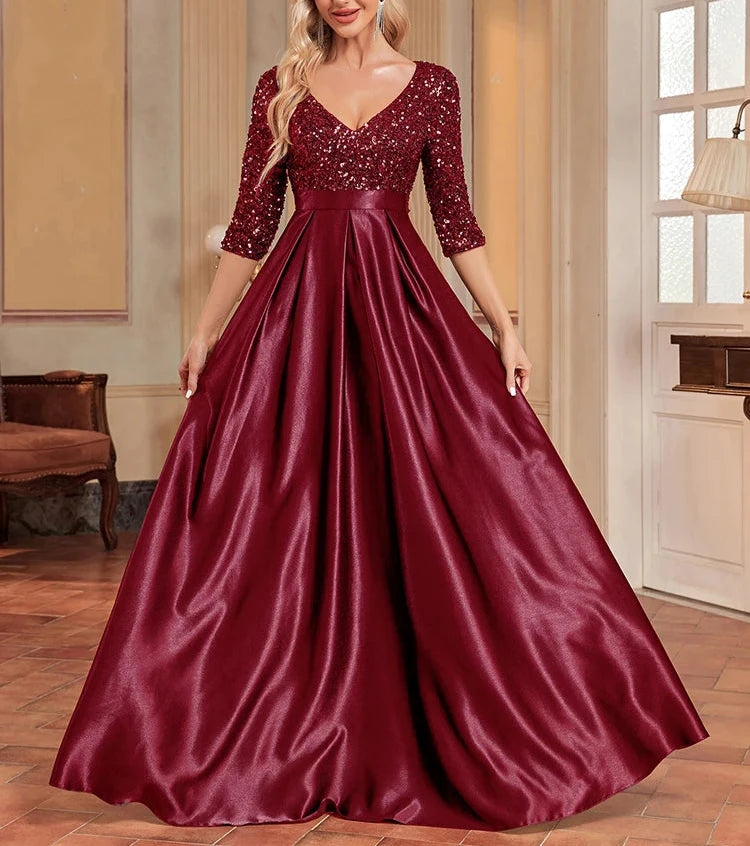 CC Elegant Satin Short sleeve Sequins Evening Dress/Floor Length Formal Cocktail Gown