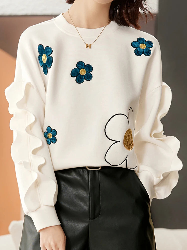 Chic Beige Floral Long Sleeve Ruffles Sweatshirt