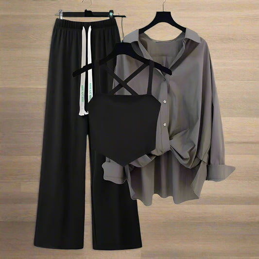 BlackGrey Korean Style Women's Tank Top/Shirt/Wide Leg Pants -3 Pc Set