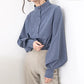 Womens Lantern Sleeve Single Breasted Stand Collar Shirt Fast Fashion