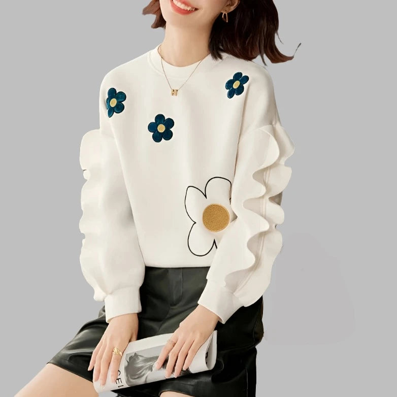 Chic Beige Floral Long Sleeve Ruffles Sweatshirt