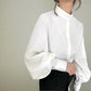 Womens Lantern Sleeve Single Breasted Stand Collar Shirt Fast Fashion