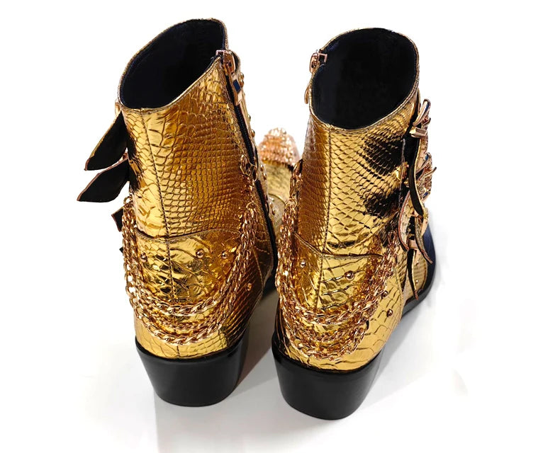 Gold Cowboy Boots Men/Genuine Leather Fashion Men's Chelsea shoes